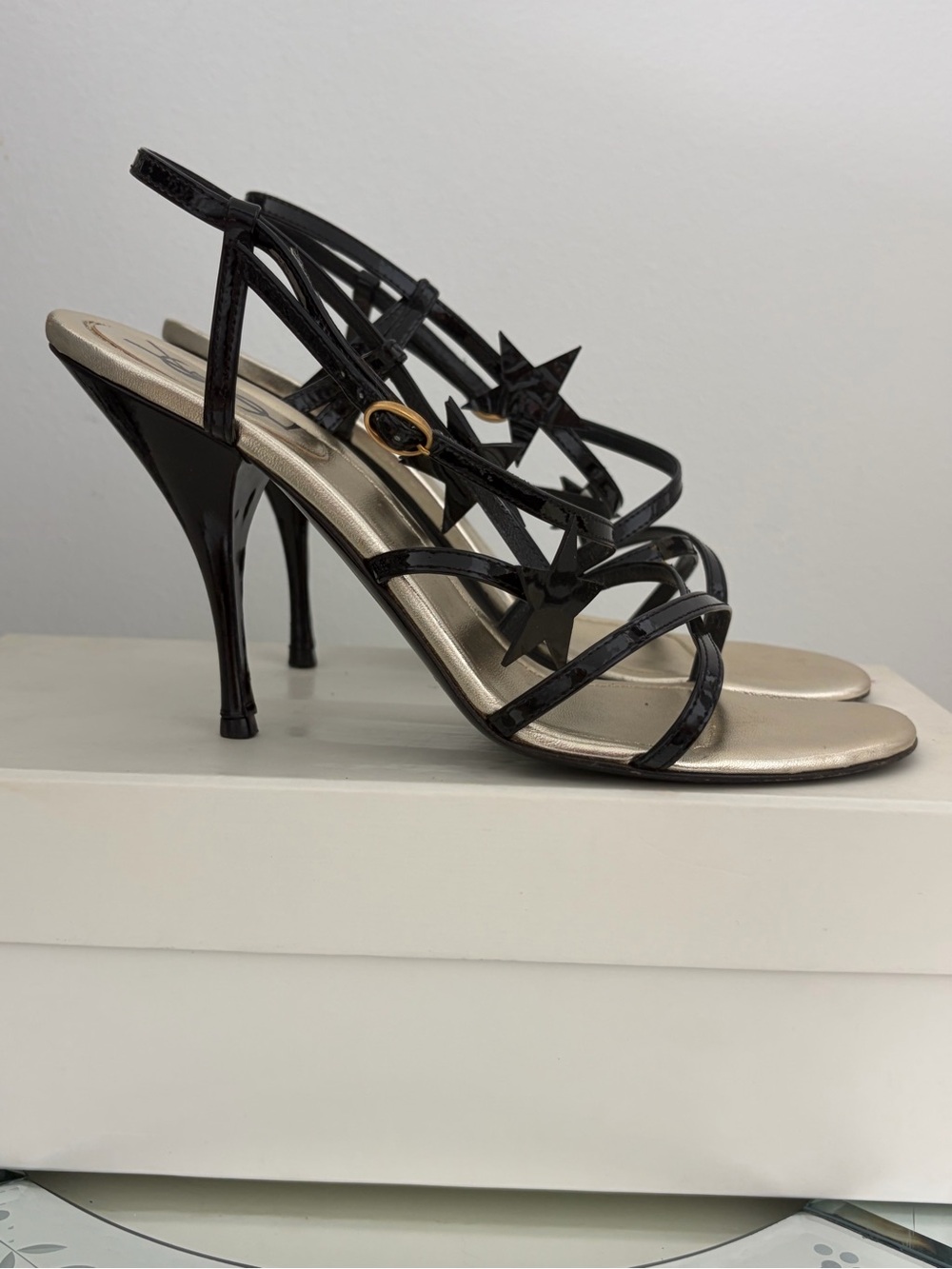 Saint Laurent Black Patent Star-Strap Heels - Picture 2 of 7